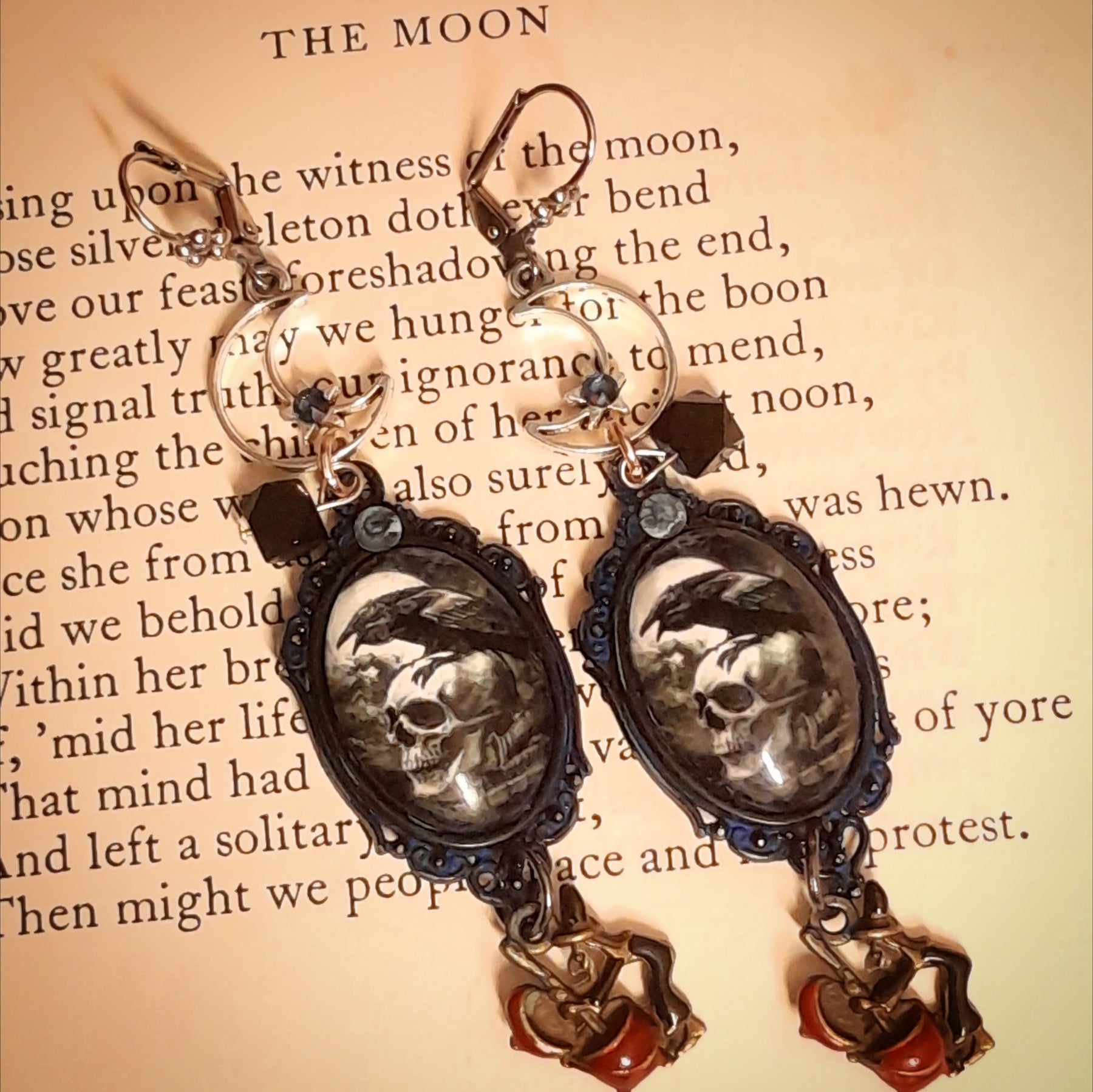 Gothic raven and skull Halloween earrings with celestial details, witch charms, and black Swarovski crystals, magical fantasy Victorian style and vintage style jewelry by Rachel Flam Design