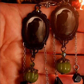 Green pumpkin raven earrings with dangling black Swarovski crystals, magical Victorian style and vintage style jewelry by Rachel Flam Design