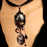 Halloween celestial fairy necklace with moon and star charms, Swarovski jet black crystals, Victorian style, vintage style