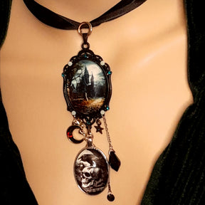 Halloween celestial fairy necklace with moon and star charms, Swarovski jet black crystals, Victorian style, vintage style