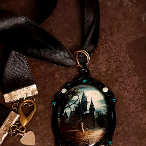 Fantasy Halloween necklace with fairy, moon, and star details, Swarovski jet black crystals, Victorian style, vintage style