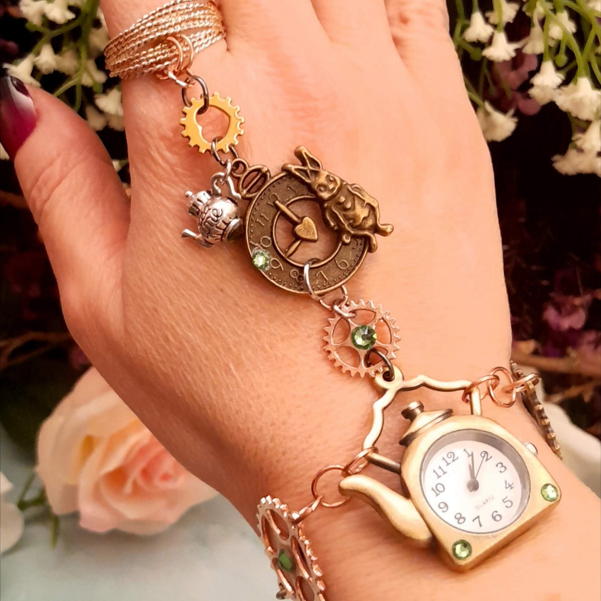 Magical fantasy hand chain teapot watch Alice in Wonderland with green Swarovski crystals worn on hand, Victorian style vintage style
