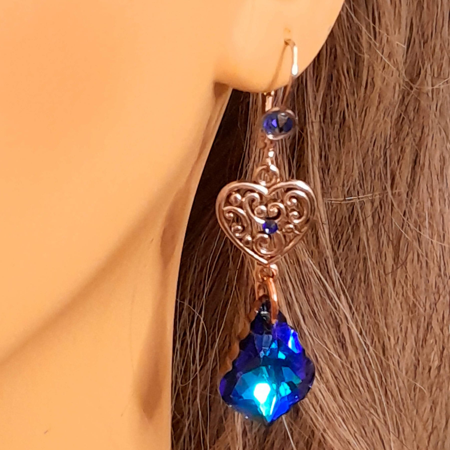 Handmade designer blue baroque crystal heart earrings with world-renowned genuine Swarovski crystals — something blue wedding jewelry, Victorian style vintage style