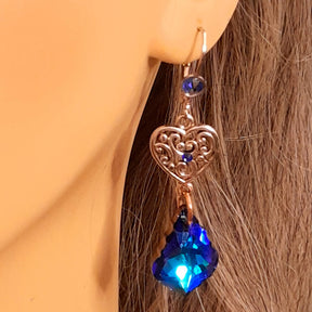 Handmade designer blue baroque crystal heart earrings with world-renowned genuine Swarovski crystals — something blue wedding jewelry, Victorian style vintage style