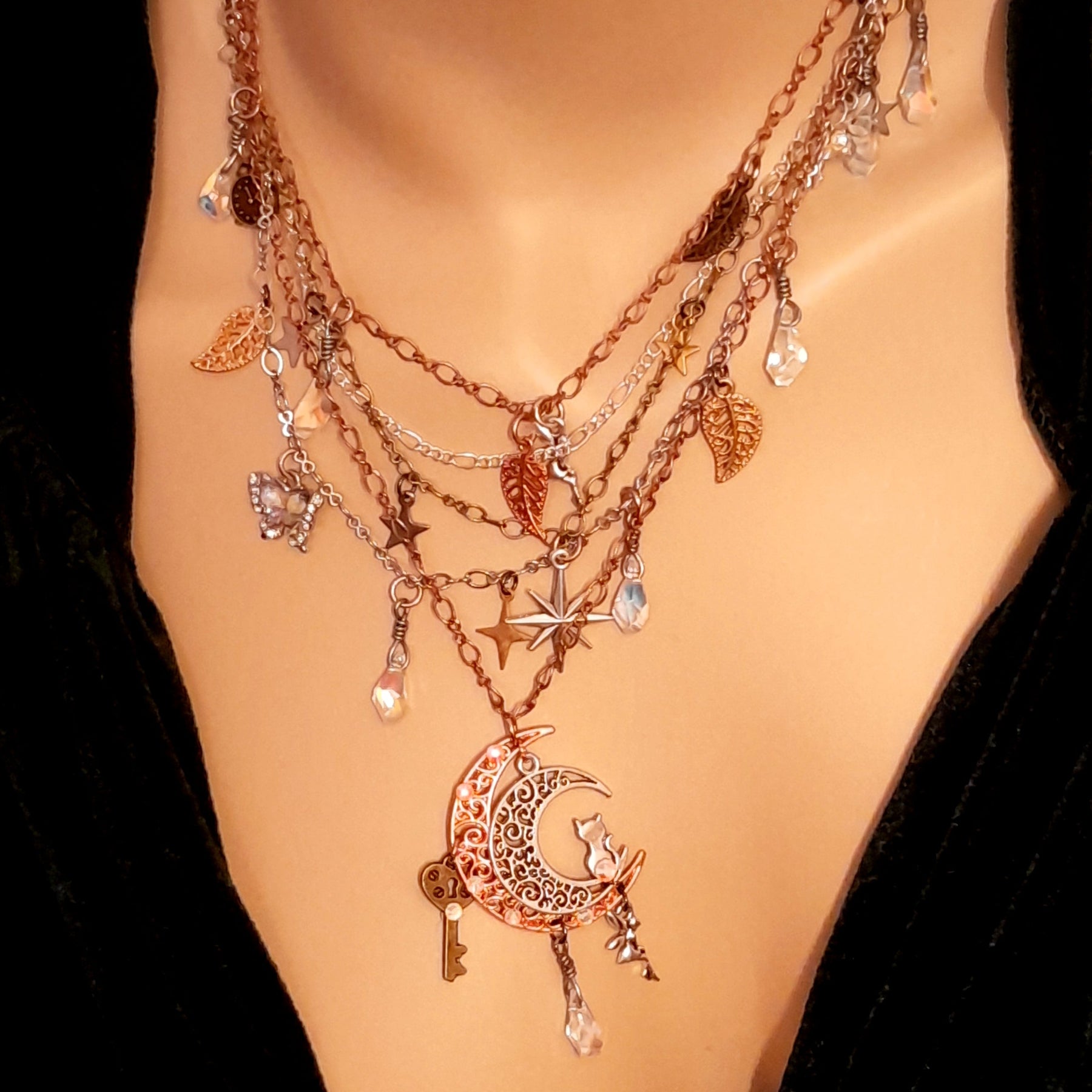 Handmade celestial bridal necklace – multi-layer Swarovski crystal wedding jewelry, non-traditional high-end designer piece