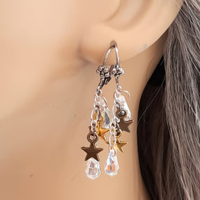 Handmade designer dainty wedding earrings with world-renowned genuine Swarovski AB crystals and tiny star charms — Victorian style vintage style bridal jewelry