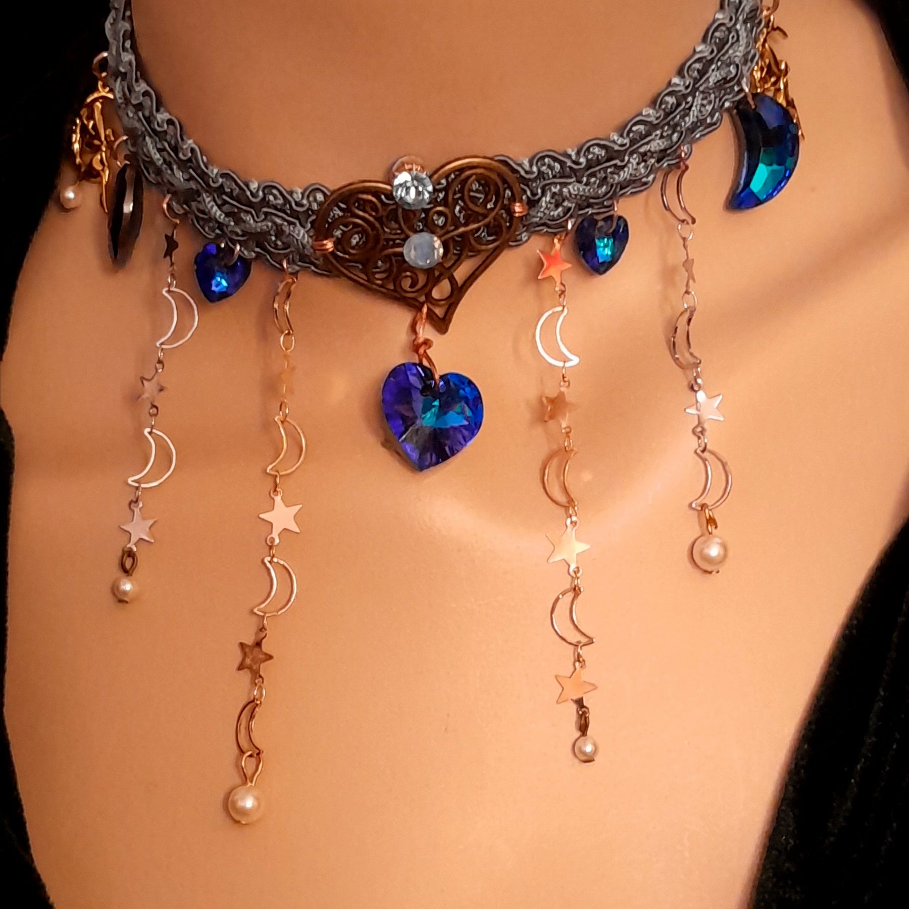 Handmade designer blue bridal choker – something blue necklace with world-renowned genuine blue Swarovski moon and heart charms, magical fantasy celestial wedding jewelry, vintage style