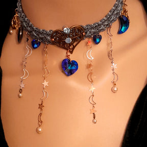 Handmade designer blue bridal choker – something blue necklace with world-renowned genuine blue Swarovski moon and heart charms, magical fantasy celestial wedding jewelry, vintage style