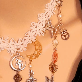 Handmade designer bridal necklace – magical fantasy celestial boho wedding jewelry with moon, cat, and fairy draping charms and world-renowned genuine Swarovski crystals, vintage Victorian style