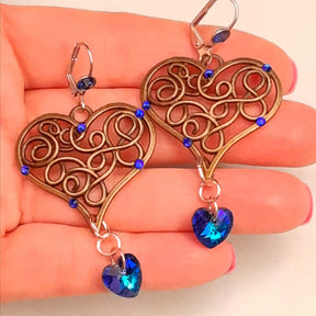 Handmade designer Victorian style filigree heart chandelier earrings with Swarovski sapphire crystals — something blue bridal earrings, vintage style