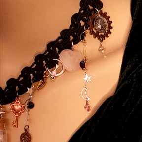 Handmade designer gothic choker necklace – magical fantasy dark romantic bridal jewelry with world-renowned genuine Swarovski jet black crystals and rose quartz, Victorian vintage style
