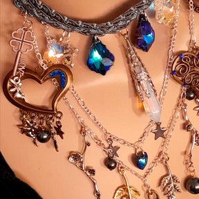 Handmade designer something blue choker – magical fantasy bohemian bridal jewelry with Swarovski blue crystal hearts, fairy and flower charms, boho chic vintage style