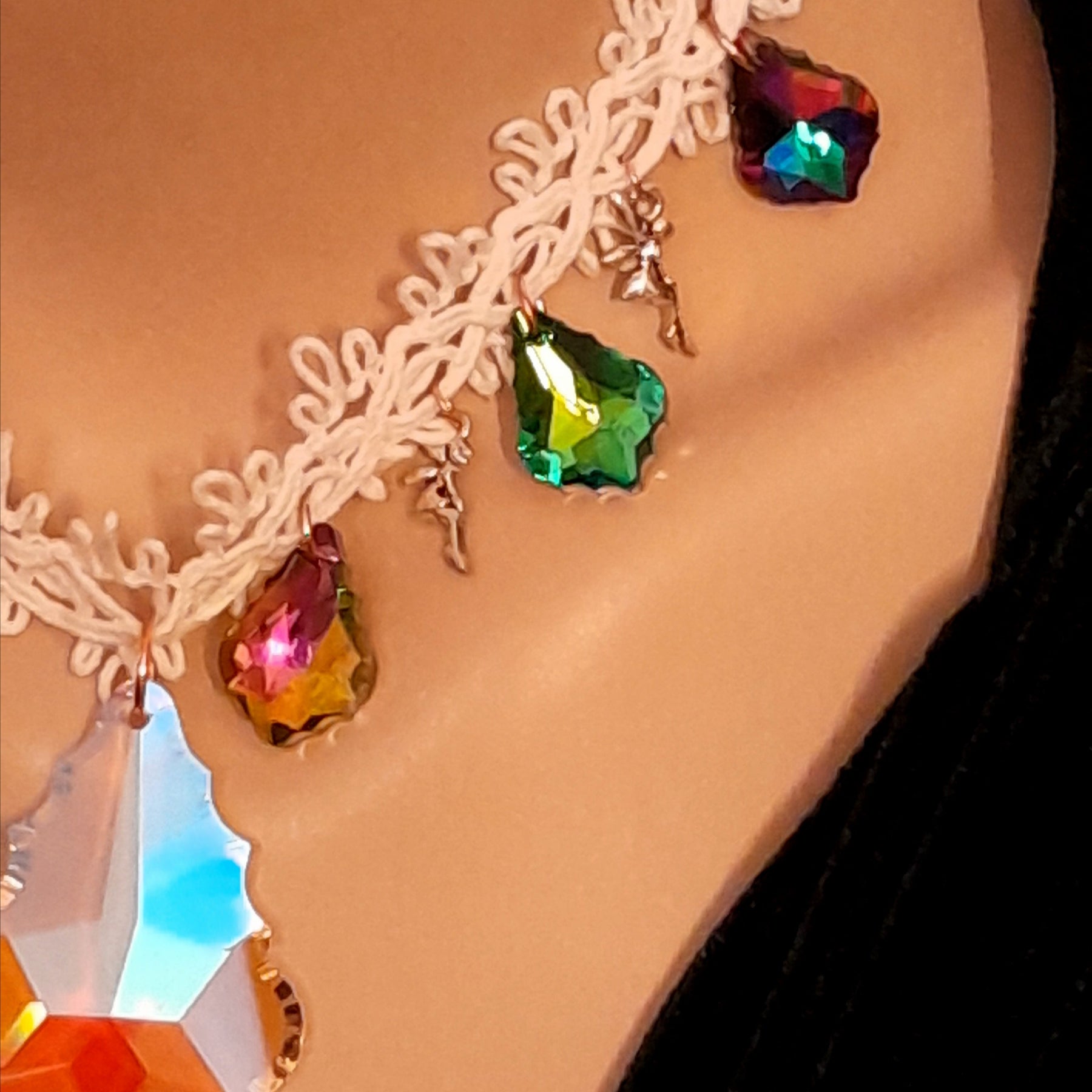 Handmade designer wedding necklace – magical fantasy statement bridal jewelry with large baroque Swarovski crystal, colorful multicolor crystals, and fairy charms, high-end vintage style