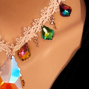 Handmade designer wedding necklace – magical fantasy statement bridal jewelry with large baroque Swarovski crystal, colorful multicolor crystals, and fairy charms, high-end vintage style