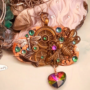 Handmade fantasy steampunk bee necklace with dragonfly, hummingbird, world-renowned genuine Swarovski crystals, and stunning multicolored heart
