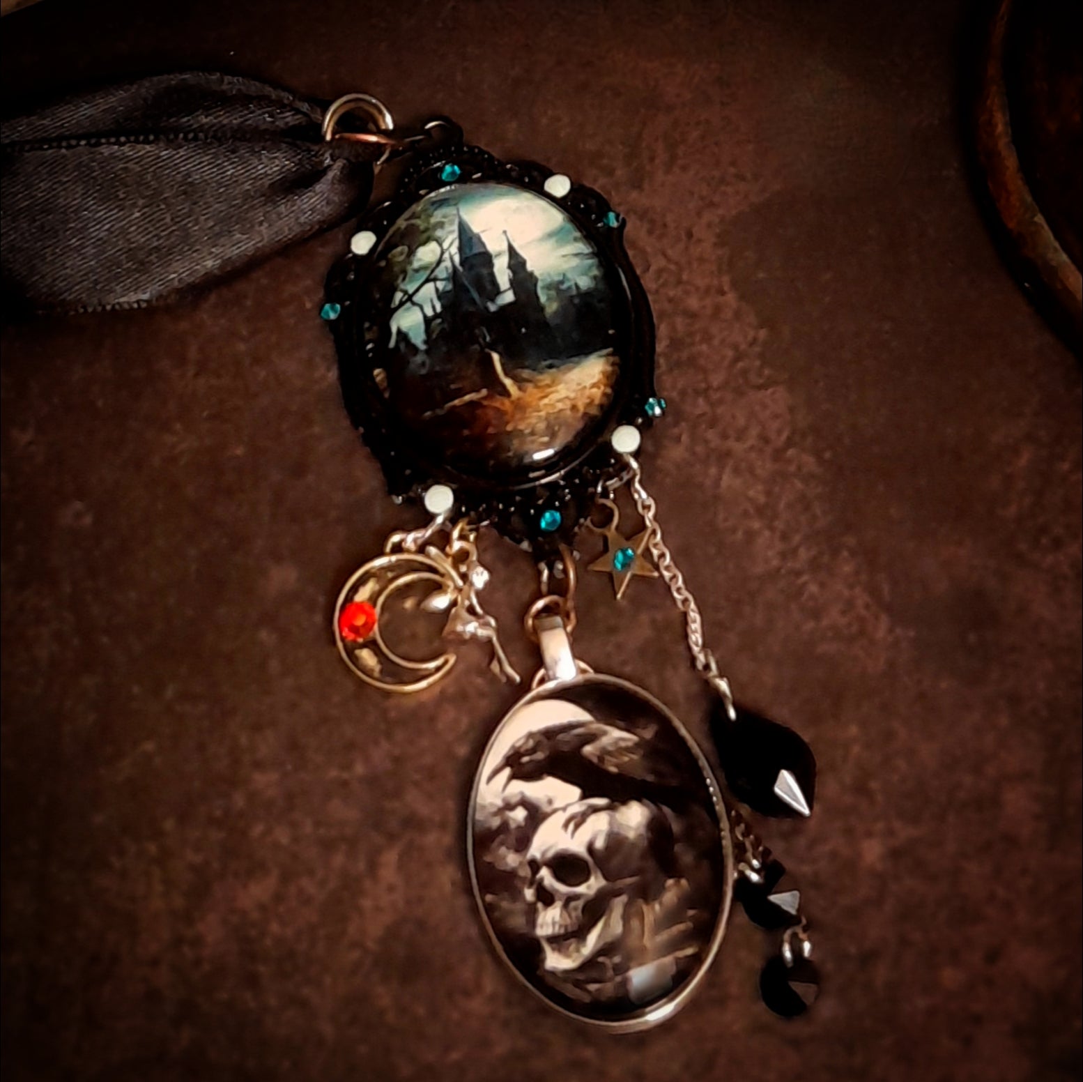 Handmade Halloween necklace with celestial fairy, moon, and star charms, Swarovski jet black crystals, Victorian style, vintage style