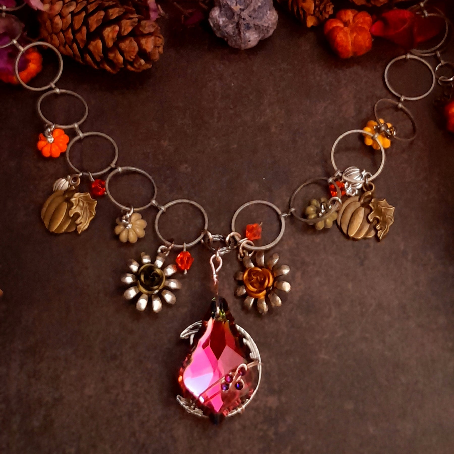 Handmade Halloween crystal pendant and flower necklace with a baroque Volcano Swarovski crystal, owl crescent moon reverse, pumpkins, and nature details, Victorian style vintage style magical fantasy jewelry by Rachel Flam Design