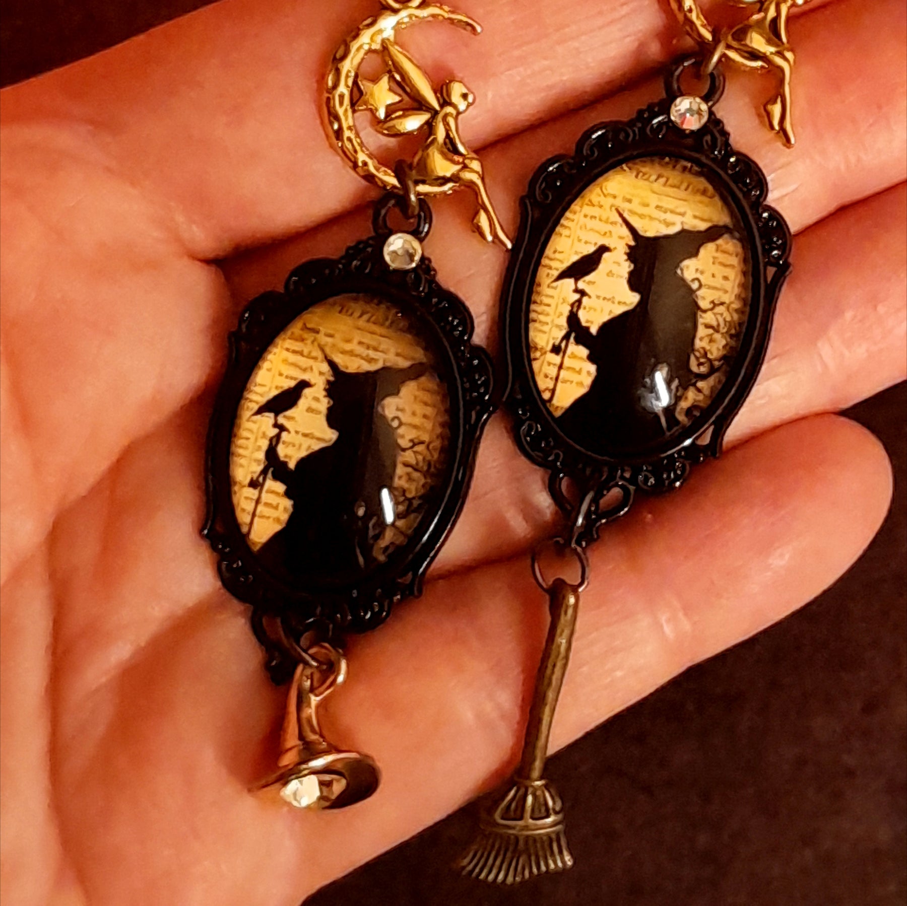 Witchy fairy moon earrings with yellow Jonquil Swarovski crystals, celestial charms, hidden fairies, and magical dangles, Victorian style and vintage style magical fantasy jewelry by Rachel Flam Design
