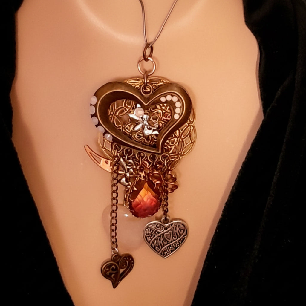Handmade fantasy heart necklace with rose quartz and world-renowned genuine Swarovski crystals — Victorian style magical love jewelry for her