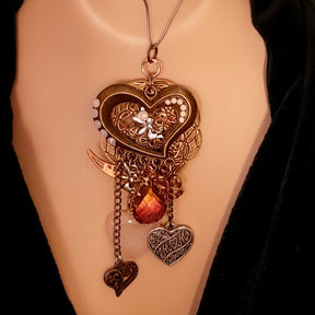 Handmade fantasy heart necklace with rose quartz and world-renowned genuine Swarovski crystals — Victorian style magical love jewelry for her