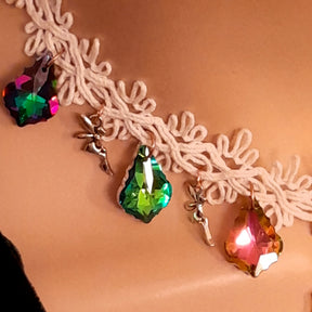 High-end bridal necklace – magical fantasy white fabric choker with world-renowned genuine Swarovski multicolor crystals and large baroque statement crystal, handmade designer Victorian style