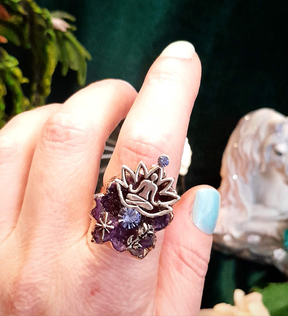 Adjustable Ring Purple Geode Lotus Flower Yoga