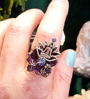 Adjustable Ring Purple Geode Lotus Flower Yoga