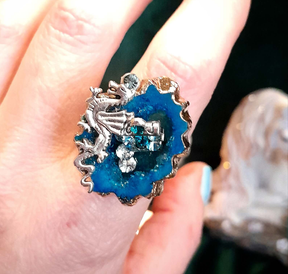 Adjustable Ring Turquoise Geode Dragon