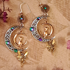 Cat Moon Chandelier Earrings