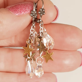 Vintage style iridescent Swarovski crystal small dangle bridal earrings — handmade designer star charm wedding jewelry, Victorian style AB crystal
