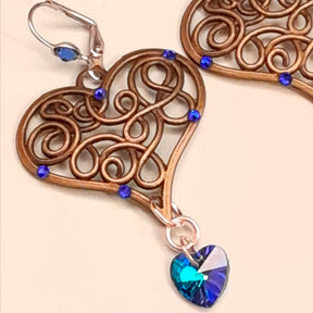 Large bridal chandelier earrings with world-renowned genuine Swarovski sapphire crystals — vintage style filigree heart design, handmade designer wedding jewelry