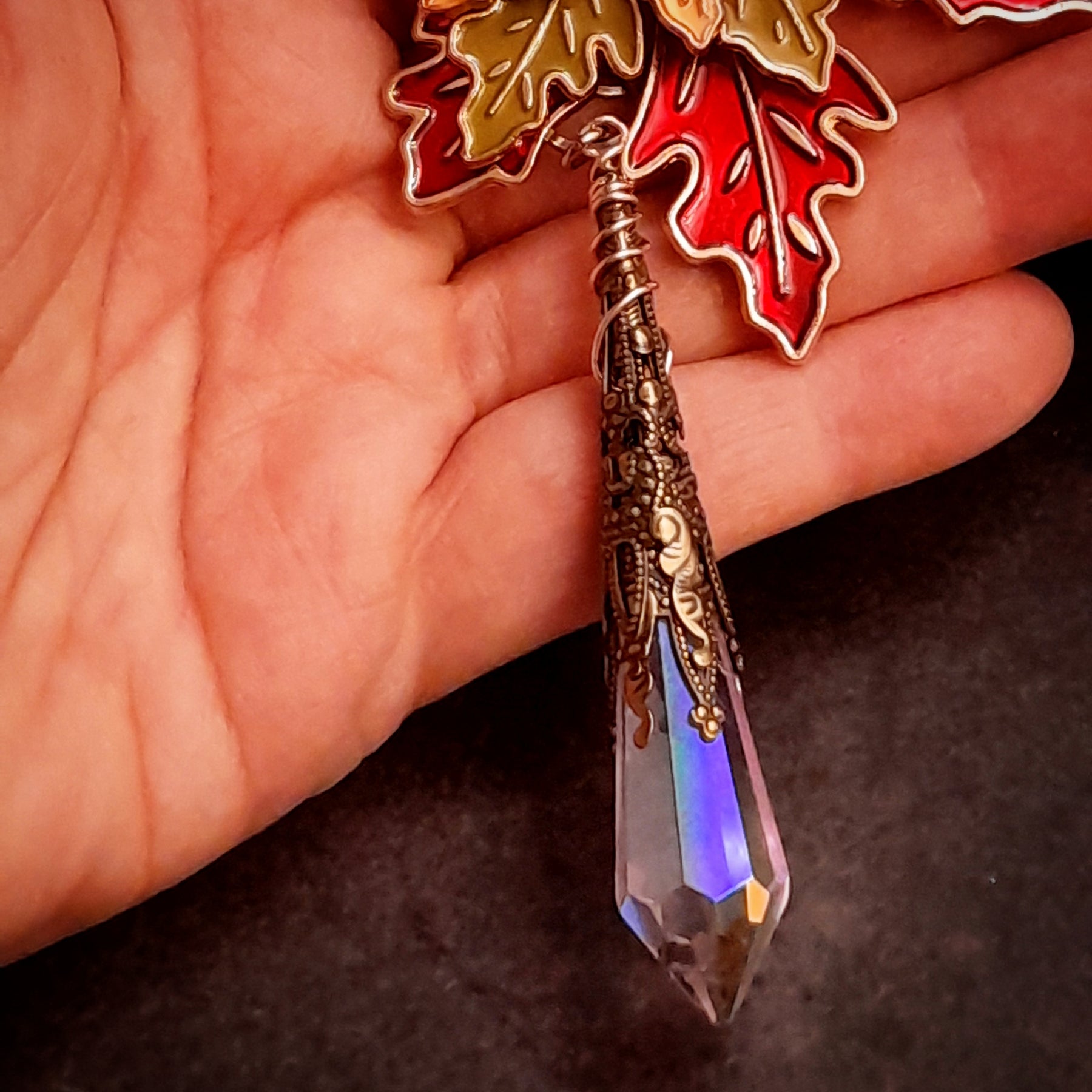 Layered colorful maple leaf centerpiece with sparkling Swarovski crystals on a magical Halloween nature necklace in Victorian style and vintage style by Rachel Flam Design