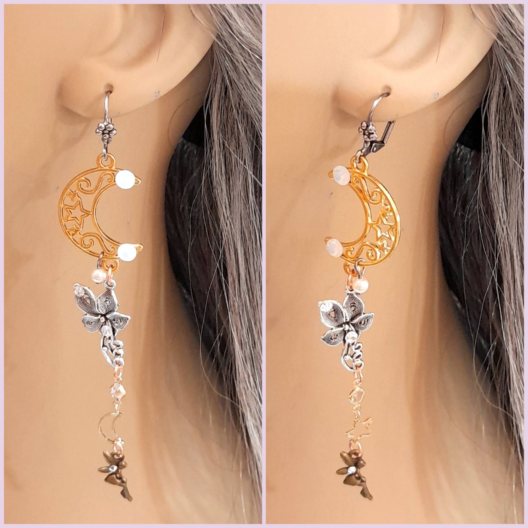 Matching earrings, left ear, right ear, celestial theme, white Swarovski crystals, bridal earrings, wedding jewelry