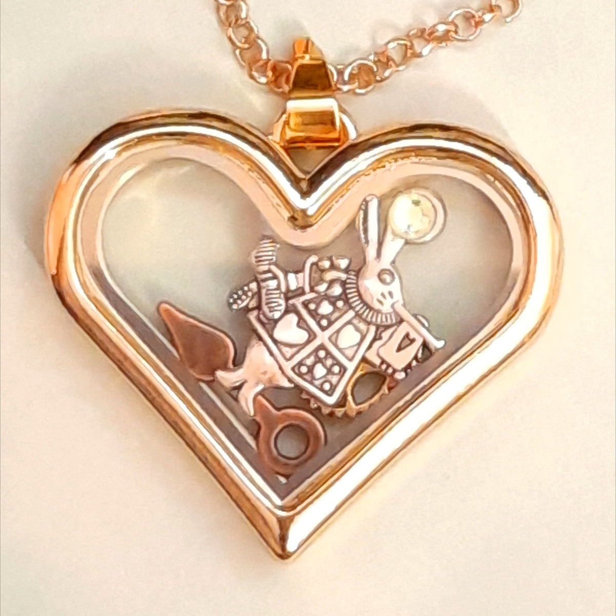 Rachel Flam Design Handmade Openable Locket Necklace Alice in Wonderland White Rabbit Clock Hand Gear Green Swarovski Crystals 