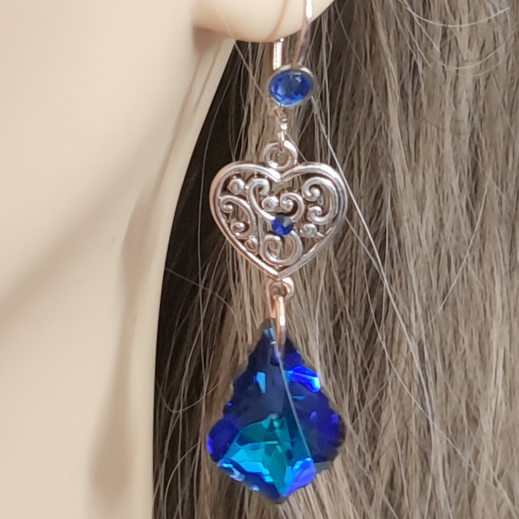 Magical Victorian style bridal earrings with world-renowned genuine Swarovski crystals — blue baroque heart drops, handmade designer something blue wedding jewelry, vintage style