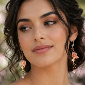 Magical vintage style celestial wedding earrings — world-renowned genuine Swarovski AB crystals, rose gold leaves, handmade designer bridal jewelry, Victorian style