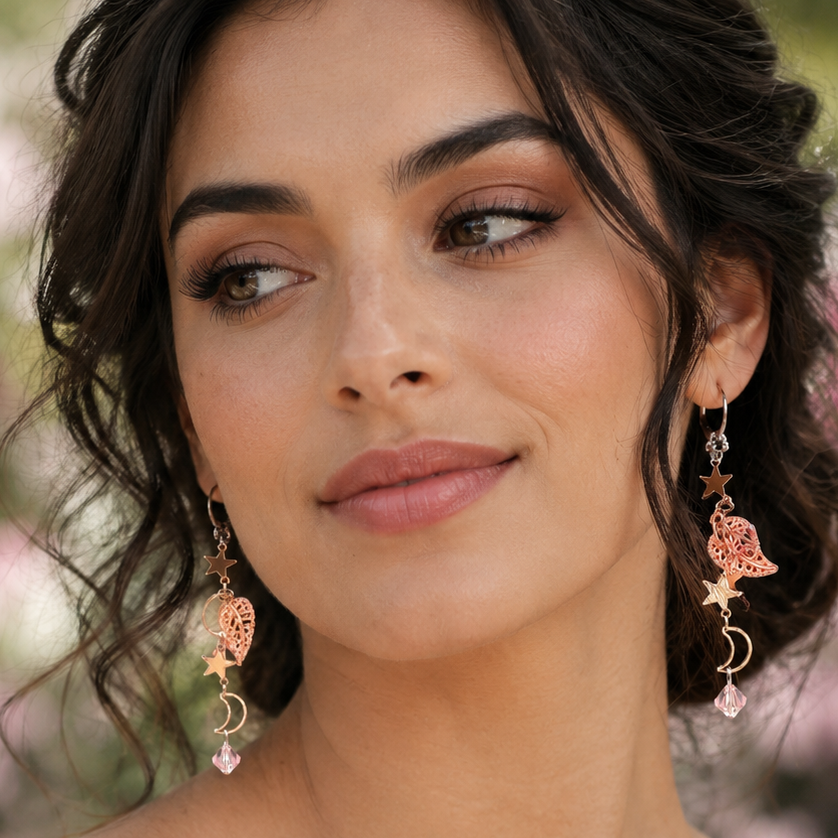 Magical vintage style celestial wedding earrings — world-renowned genuine Swarovski AB crystals, rose gold leaves, handmade designer bridal jewelry, Victorian style