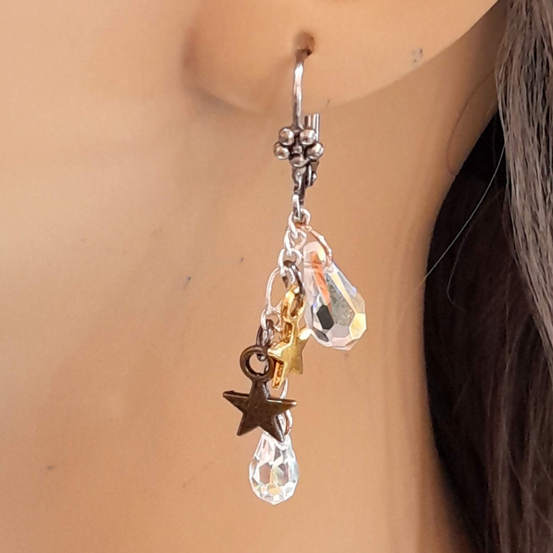 Magical vintage style dainty bridal earrings — world-renowned genuine Swarovski AB crystals, tiny star charms, handmade designer small wedding jewelry, Victorian style