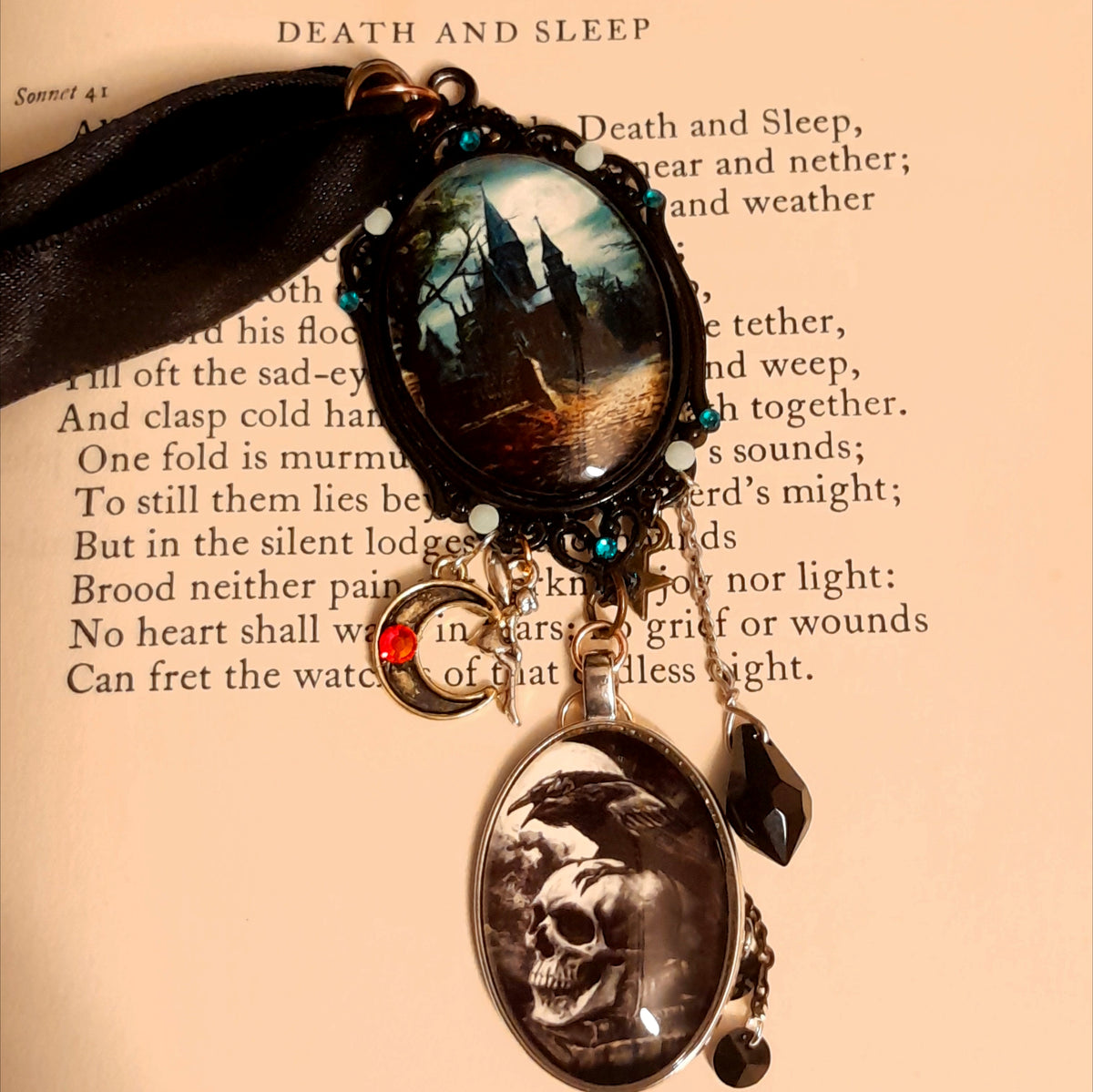 Magical Halloween necklace with celestial moon, star, and fairy charms, Swarovski jet black crystals, Victorian style, vintage style