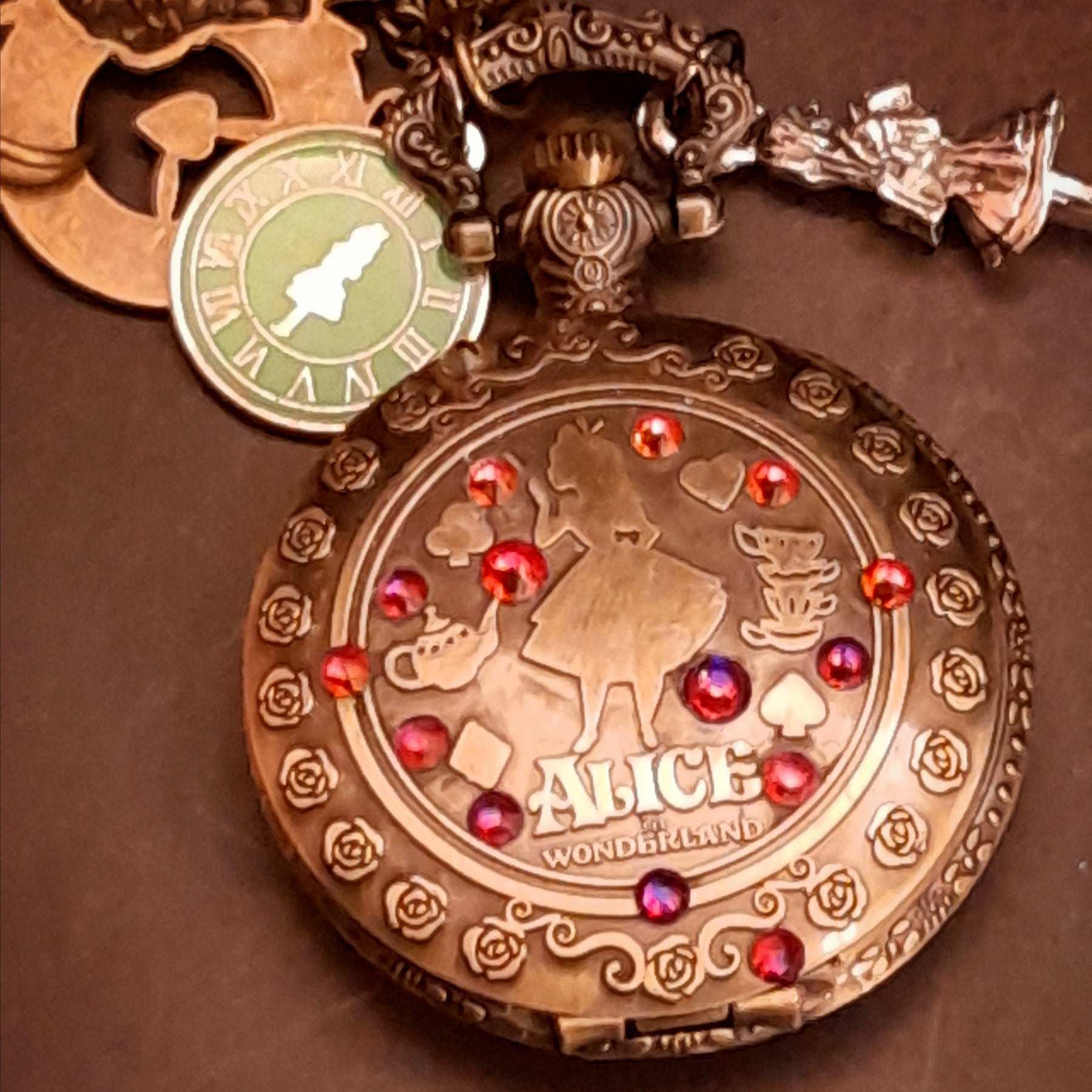 Alice in Wonderland Magical pocket watch necklace with White Rabbit charm and fantasy crystal details handmade  by Rachel Flam Design
