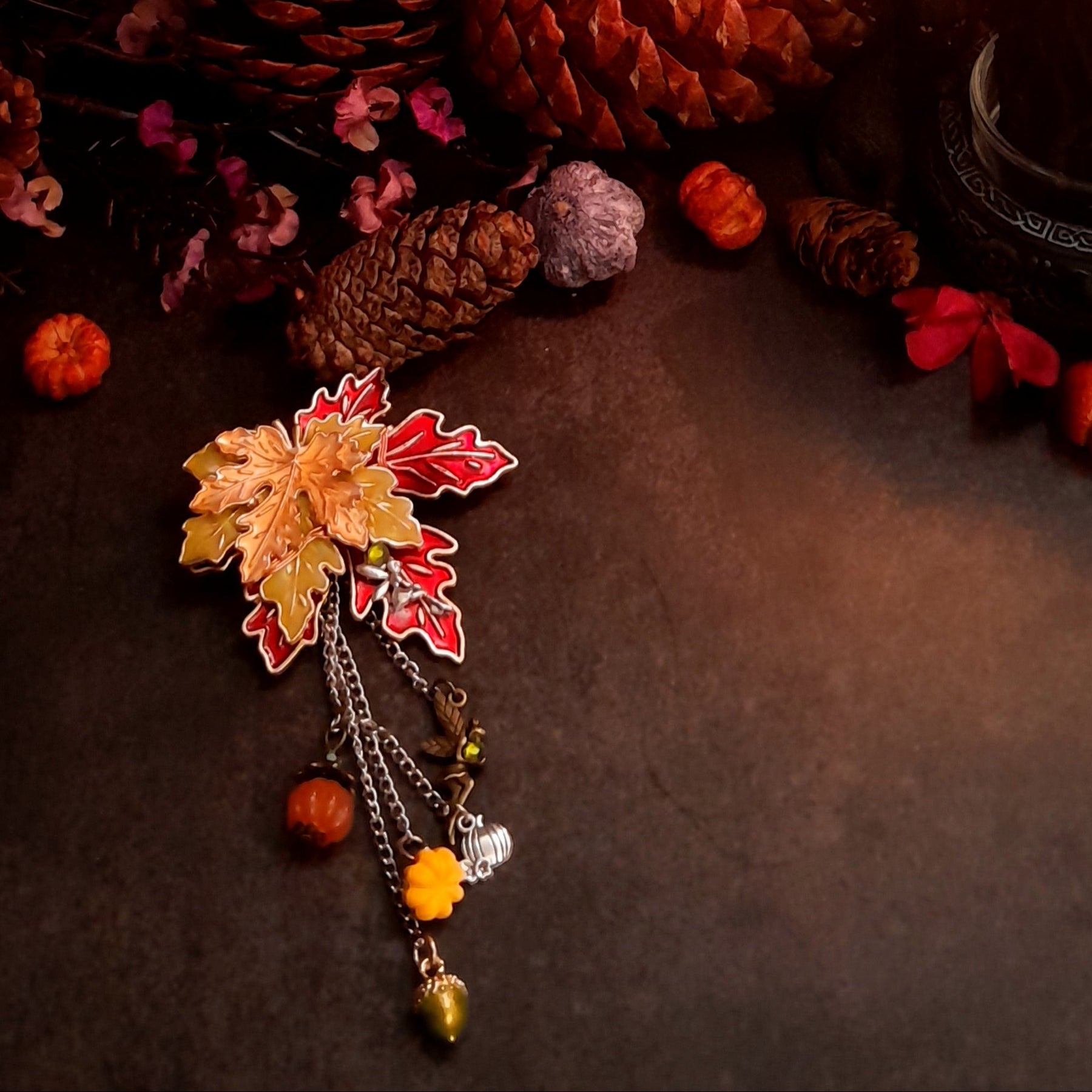 Maple leaf fairy brooch styled with pinecones and tiny pumpkins, handmade one of a kind nature jewelry, Victorian style vintage style by Rachel Flam Design