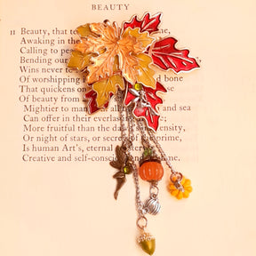 Layered maple leaf pin with dangling fairy, pumpkin and acorn charms and Swarovski crystals, Victorian style vintage style nature jewelry by Rachel Flam Design