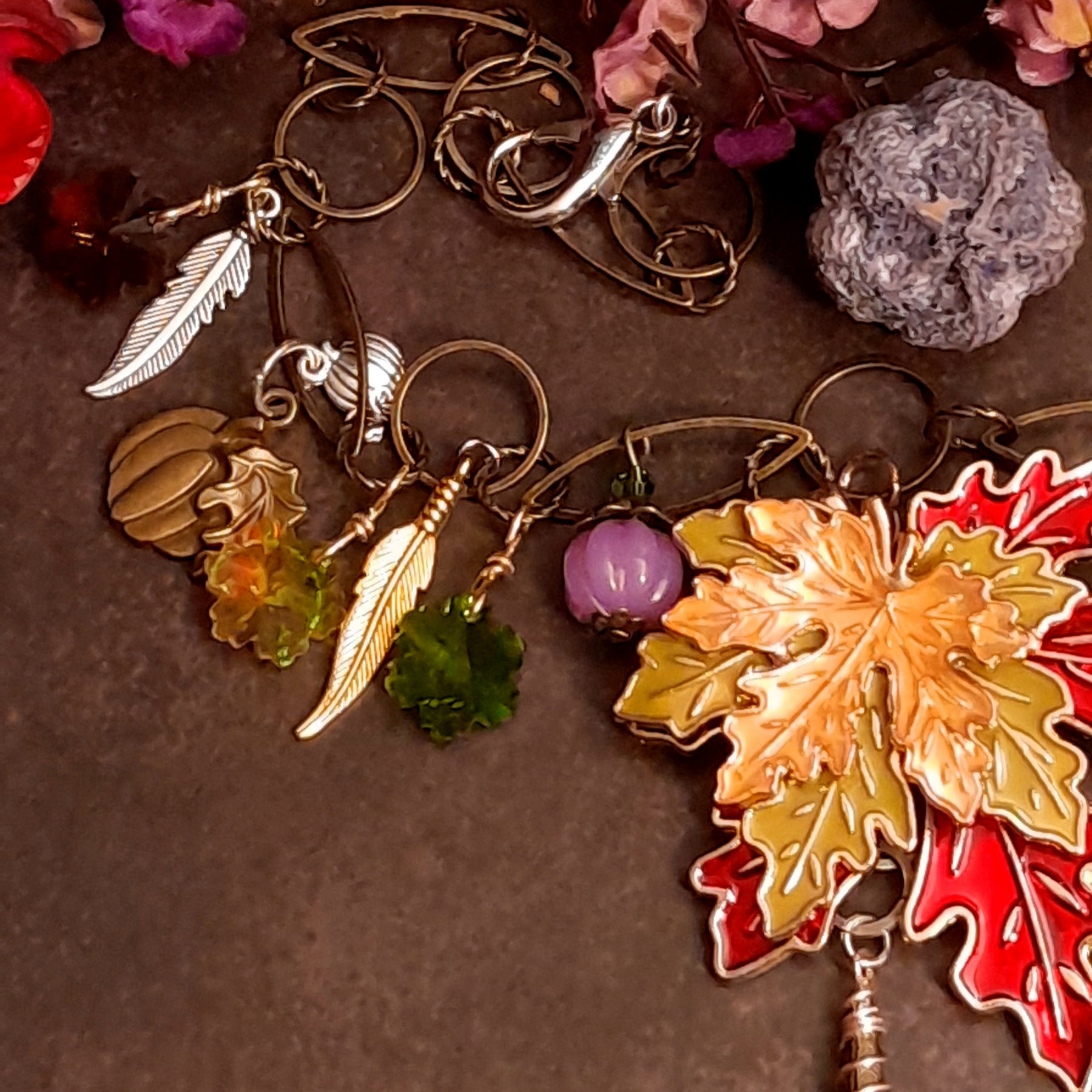 Maple leaf focal point with an AB icicle Swarovski crystal and filigree detail on a Halloween necklace in Victorian style and vintage style by Rachel Flam Design