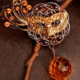 Masquerade necklace with an ornate mask, curling filigree, warm orange Swarovski crystals, and a faceted Citrine crystal ball, Victorian style vintage style Halloween jewelry by Rachel Flam Design