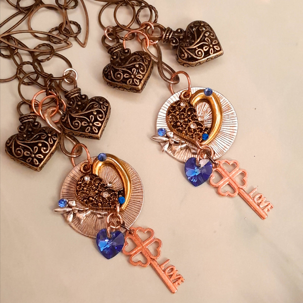 
Matching necklace set heart featuring fairy charm and rose gold love key, Victorian style vintage style magical handmade jewelry


