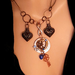 
Matching necklace set heart with filigree lockets and sapphire blue Swarovski crystals, Victorian style vintage style handmade fantasy jewelry

