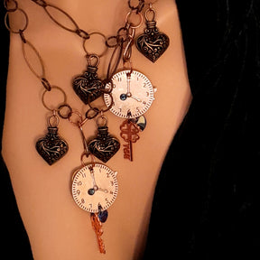 
Matching necklace set heart steampunk clock focal close-up, reversible design, Victorian style vintage style handmade fantasy jewelry

