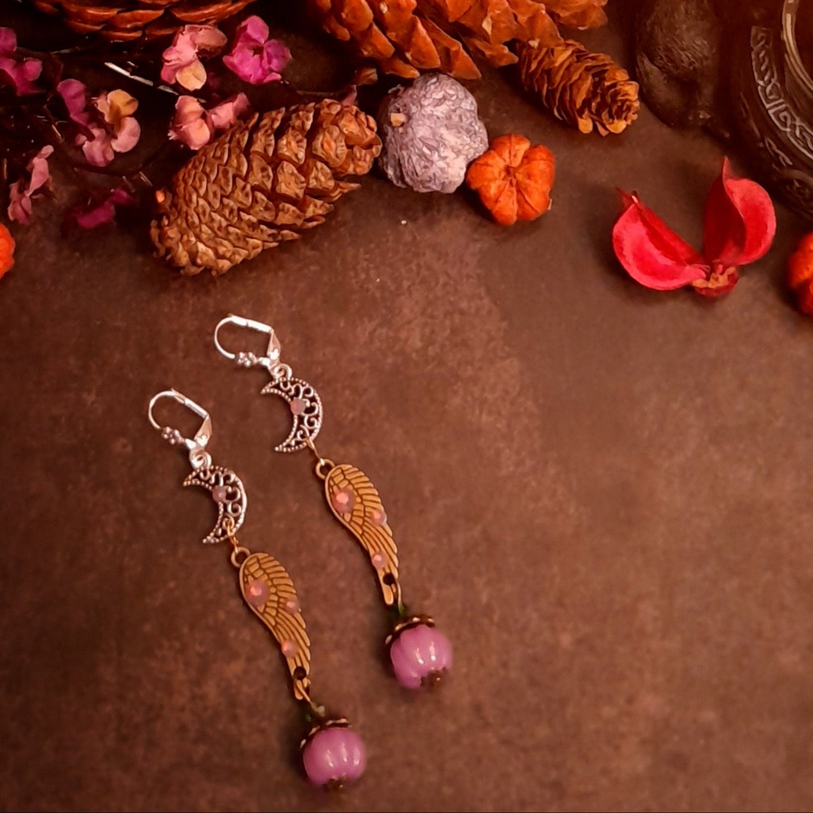 Celestial moon and angel wing earrings with lavender Swarovski crystals and pumpkin dangles, handmade magical fantasy jewelry, Victorian style vintage style
