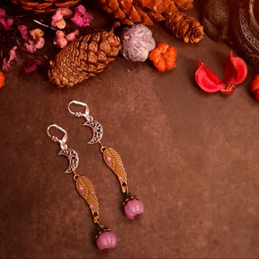 Celestial moon and angel wing earrings with lavender Swarovski crystals and pumpkin dangles, handmade magical fantasy jewelry, Victorian style vintage style