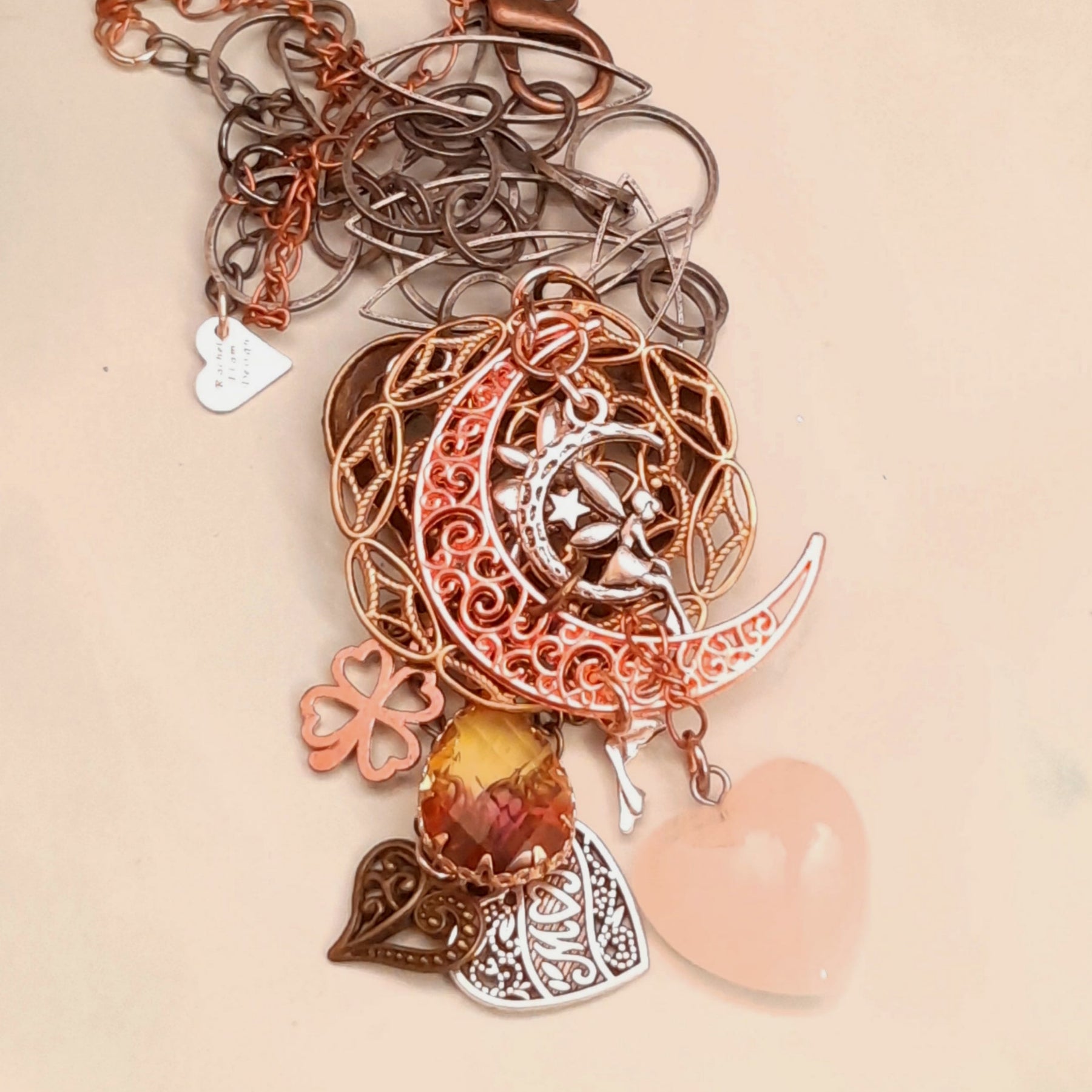 Magical mothers day heart necklace with fairy charm and world-renowned genuine Swarovski crystals — vintage style fantasy gift for her